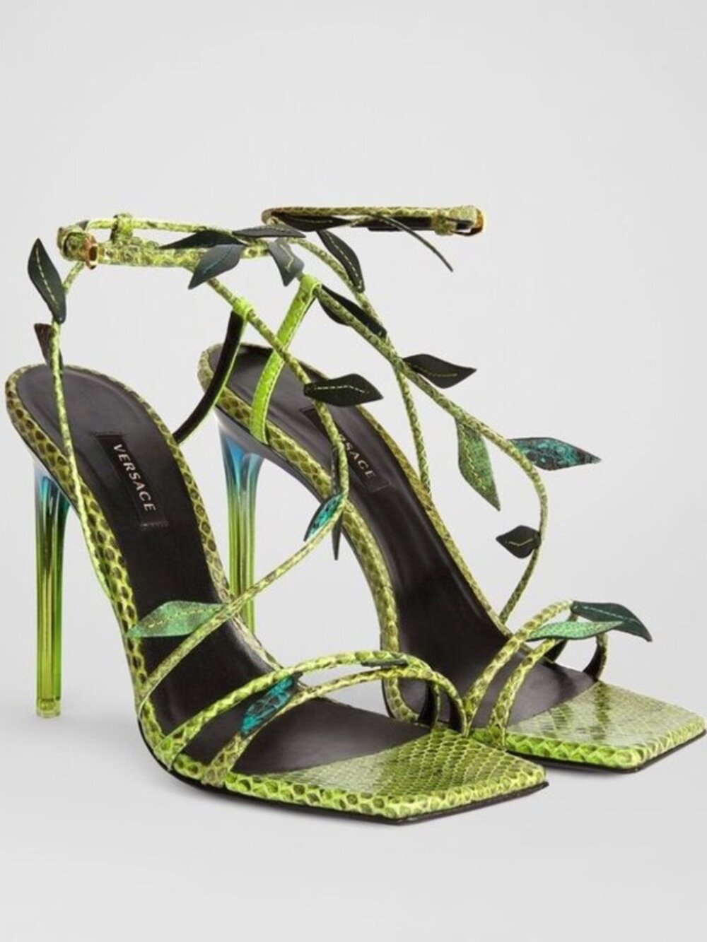 VERSACE GREEN ANTHEIA LEAF EMBELLISHED STILLETO SANDAL HEEL SIZE 37